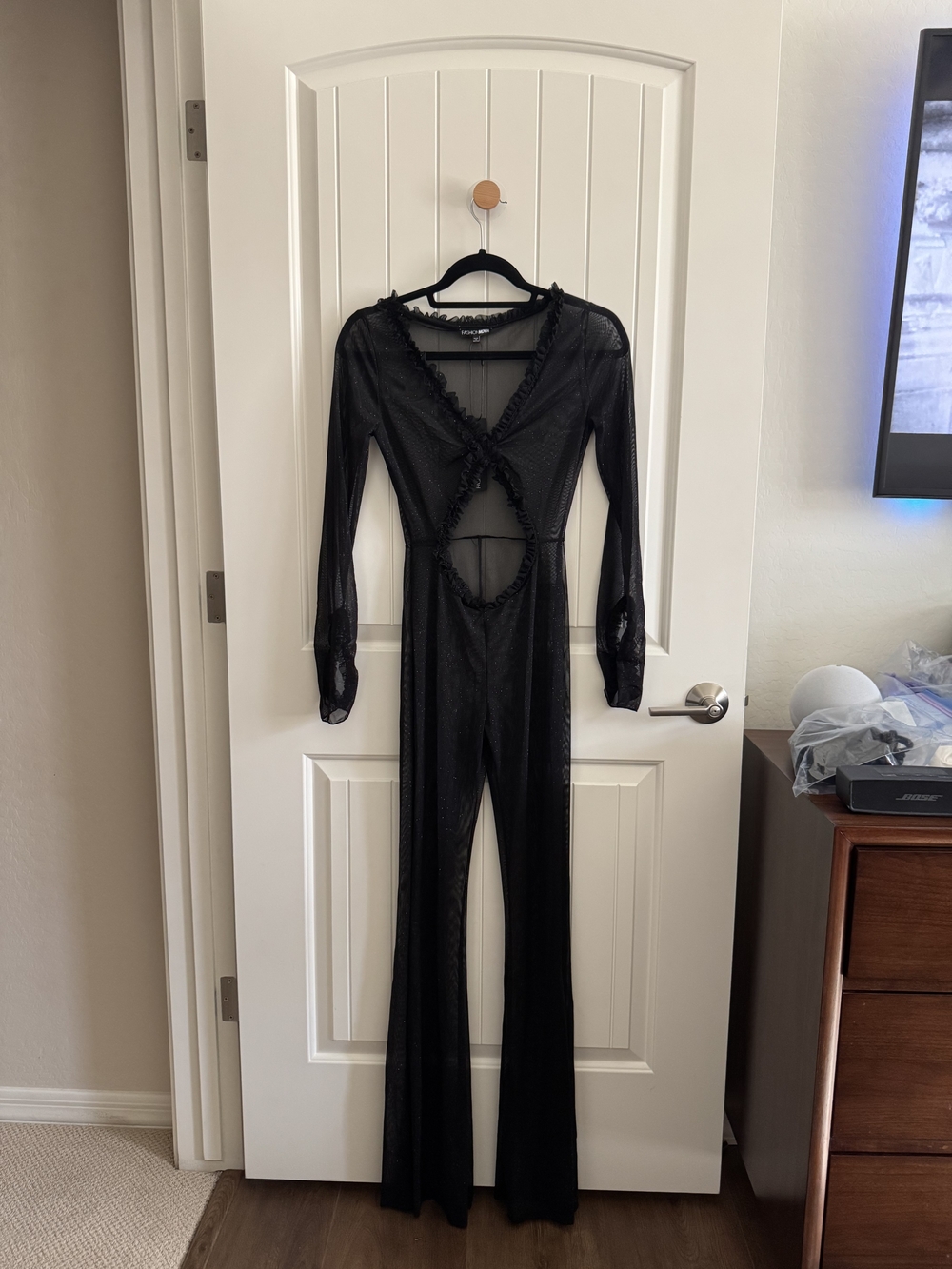 Fashion Nova Black Sheer Mesh Ruffle Jumpsuit